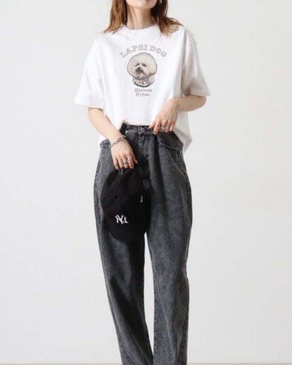 シベリアンハスキーミディアム フェイス&サークルロゴ 刺繍 Tシャツ