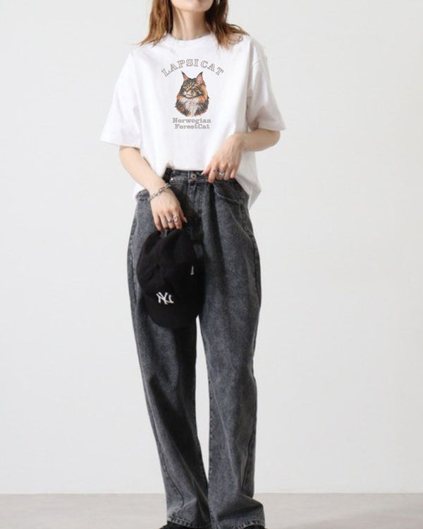 ペルシャ猫 ミディアム フェイス&サークルロゴ 刺繍 Tシャツ